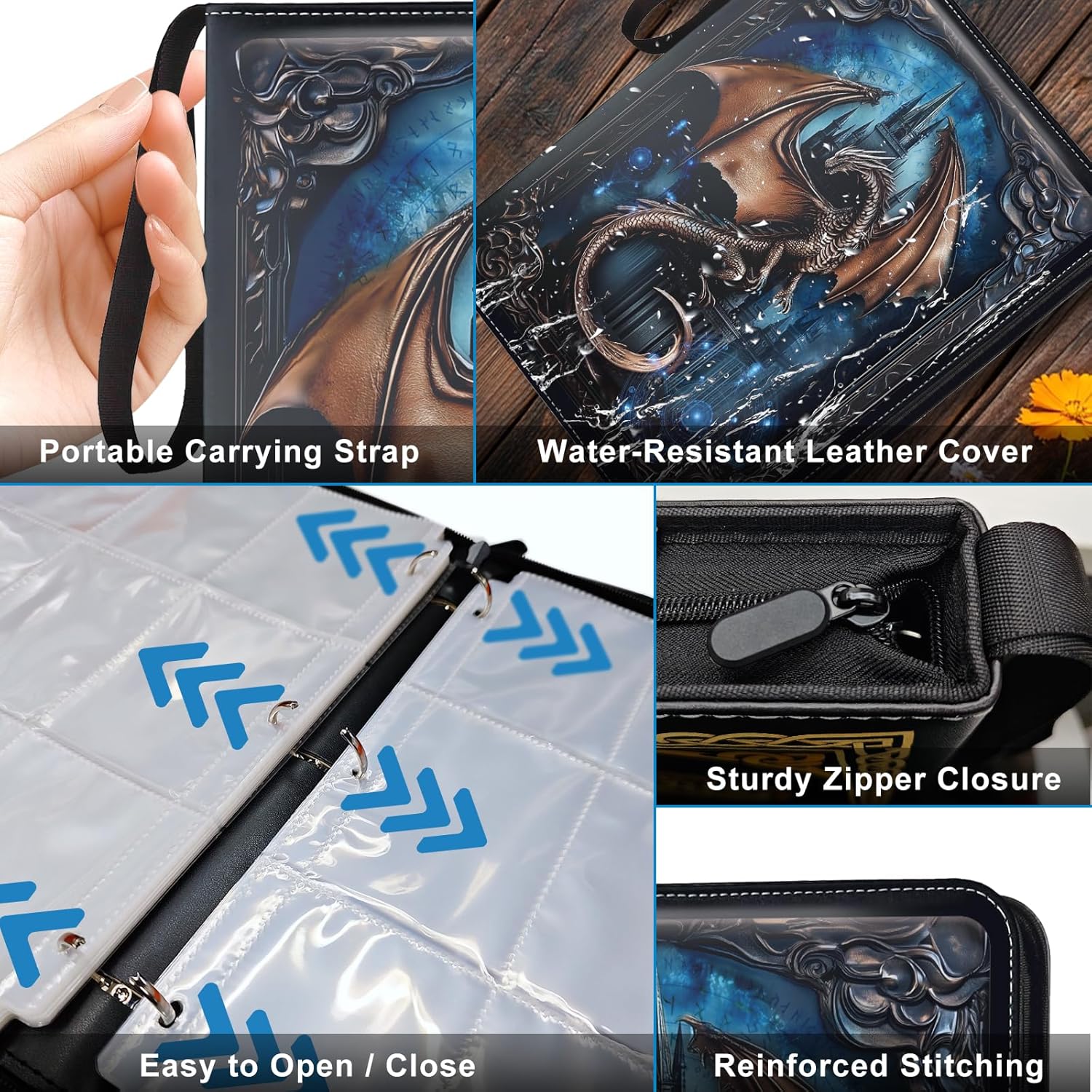 9 Pocket Trading Card Binder 1008 Cards Collection Albums with 56 Removable Sleeves Card Book Holder Premium Leather Collection Storage Binders Compatible with TCG MTG Sport Cards(Dragon)