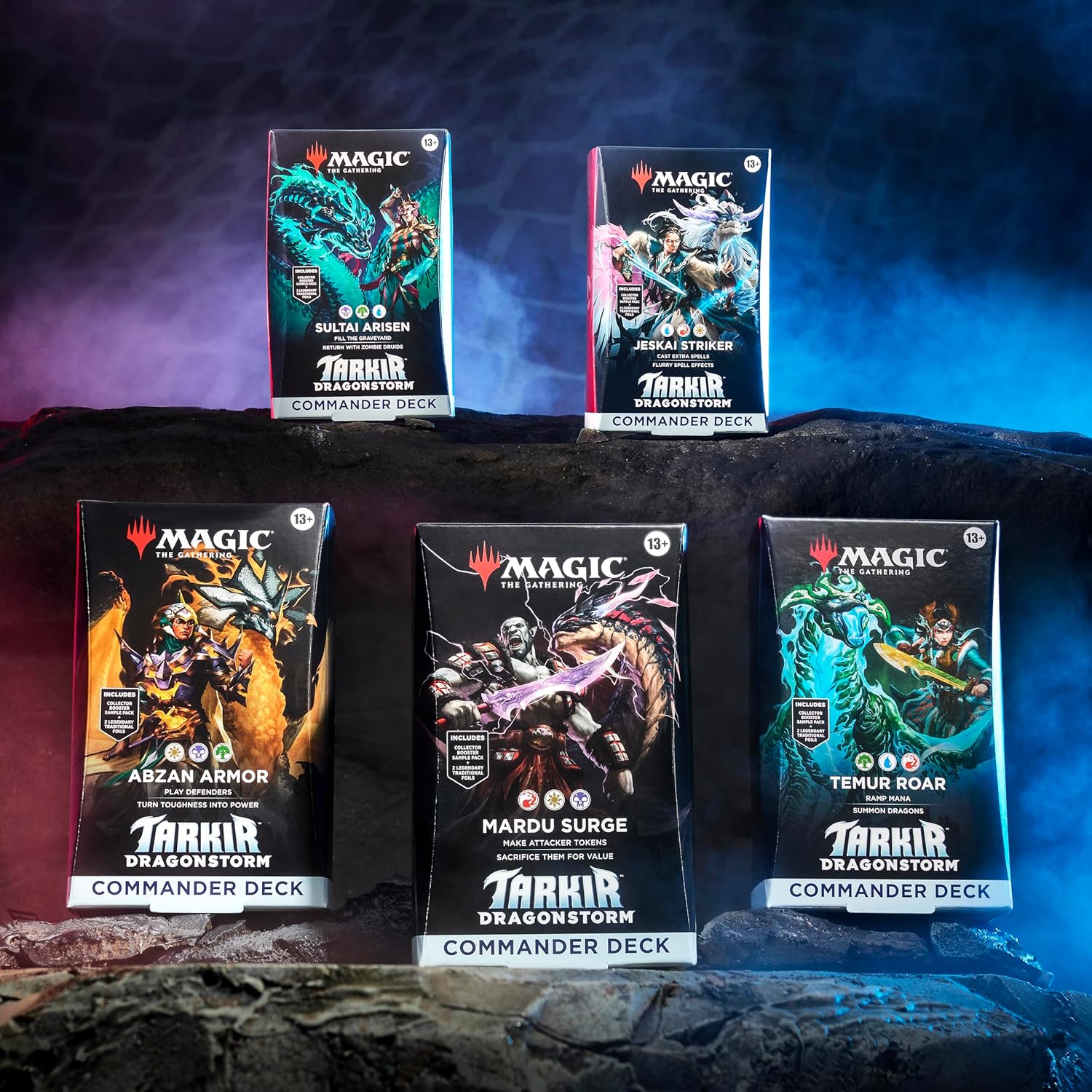 Magic: The Gathering Tarkir: Dragonstorm Commander Deck Bundle - Includes All 5 Decks (Abzan Armor, Jeskai Striker, Sultai Arisen, Mardu Surge, Temur Roar)