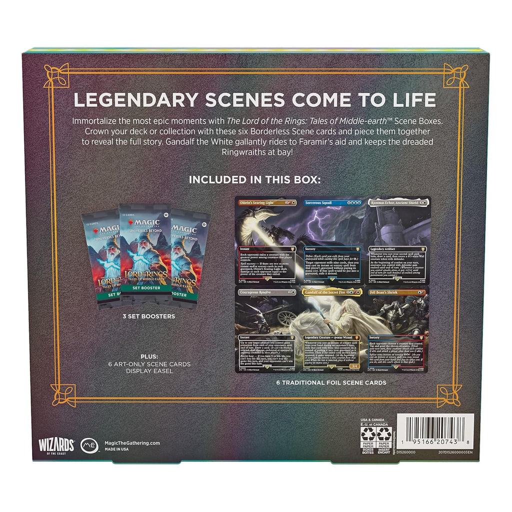 Magic: The Gathering The Lord of The Rings: Tales of Middle-Earth Scene Box - Gandalf in Pelennor Fields (6 Scene Cards, 6 Art Cards, 3 Set Boosters + Display Easel)
